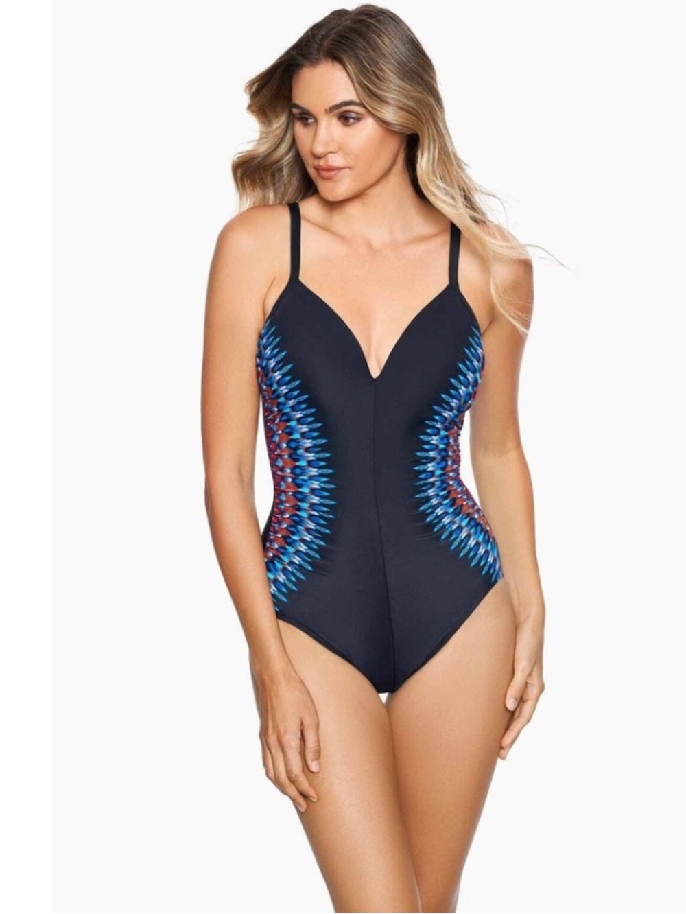 Miraclesuit Temptation Black/ Blue Multicolor One Piece
Swimsuit Size 12.